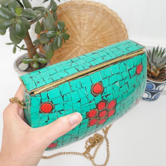 Antik Kraft Boho Amoli Brass & Mosaic Crossbody Clutch Turquoise Anthropologie - Picture 6 of 14